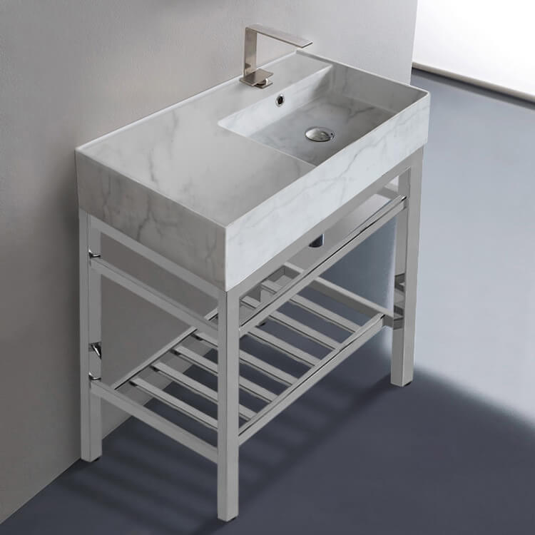 Scarabeo 5118-F-CON2-One Hole Modern Marble Design Ceramic Console Sink and Polished Chrome Base